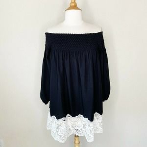 Chelsea & Theodore Off the Shoulder Lace Hem Top